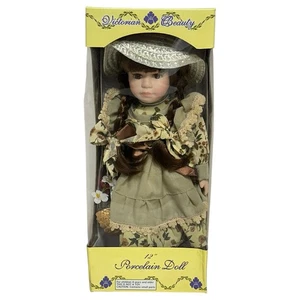 NIB Victorian Beauty Porcelain Doll 12" Auburn Hair Braids Prairie Dress Purse - Picture 1 of 10