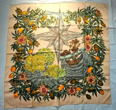 HERMES Scarf Carre90 " PASSIFLORES " 100% Silk Beige Rare No-box - Image 1 of 4