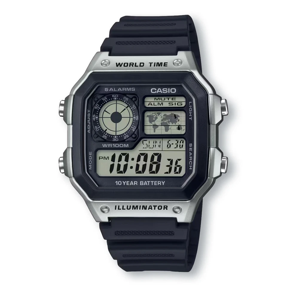 Reloj digital CASIO AE1200WH-1C Illuminator hora mundial plateado y negro Foto 1 de 1
