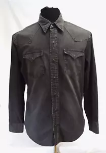 Ralph Lauren BLACK LABEL Black Distressed Western Button Shirt LARGE Pearl Snaps - Picture 1 of 19