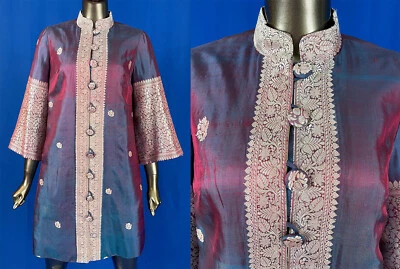 Abrigo vintage Profils Du Monde Beverly Hills indio púrpura seda sari plateado cojo Foto 1 de 3