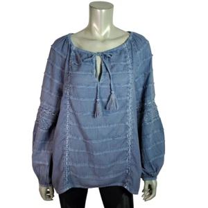 Sundance Peasant Top Size M Long Sleeve V-Neck 100% Cotton Casual Tie Neck Blue - Picture 1 of 5