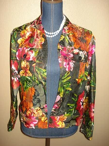 Chico’s Colorful Gold Shimmer Bold Floral Silk Blend Open Jacket Size 0 (S) 4/6 - Picture 1 of 4
