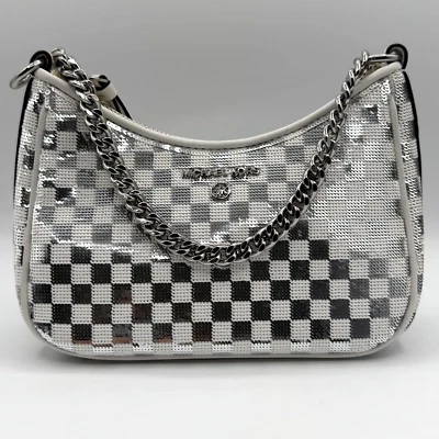 Michael Kors Handbag Jet Set Chain SILVER WHITE SEQUINED SO Pretty In Person - Image 1 of 4