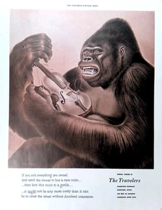 Travelers Insurance 1949 Print Ad Accident Insurance Ape with Violin 11x14 - Picture 1 of 4