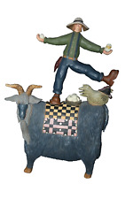 Vintage! 1996 Williraye Studio Folk Art Farmer on Goat w/ Hen & Eggs WW3032 2-Pc