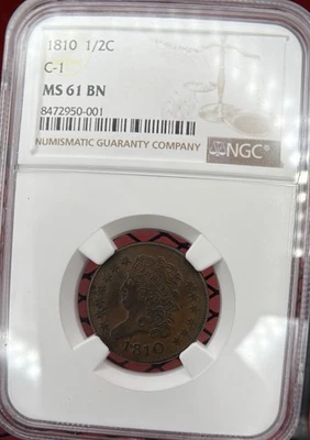 1810 Classic Head Half Cent 1/2C C-1 NGC MS61 - Cohen 1 VERY RARE COIN - Image 1 of 2