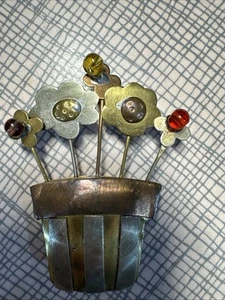VTG Mixed Metals Copper Brass Flowers In Pot 60s Brooch Pin Pendant - Picture 1 of 6