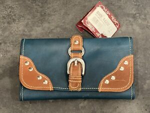 VTG American West All Leather Tri Fold Clutch Wallet. Blue * LIFETIME GUARANTEED