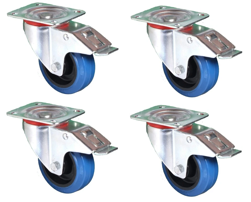 100mm. QUALITY Swivel Flight Case Castors: Blue Wheel. SET OF 4 Braked Casters*