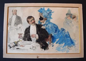 Original Antique Watercolor On Paper Painting Italian Carnival Scene 1900 Signed - Picture 1 of 10