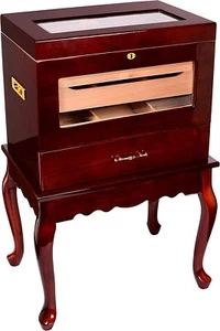 Geneve Cigar Glasstop Table Cigar Humidor, Premium Burl Wood - 500 Cigars - Picture 1 of 5