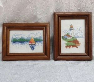 Cross Stitch Pictures Sailboats Lighthouse Solid Wood Frames 9 1/2 x 7 1/2"     - Bild 1 von 4