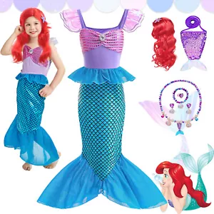 Girls Mermaid Ariel Fancy Dress Princess Cosplay Party Costume Outfit Halloween - Picture 1 of 15
