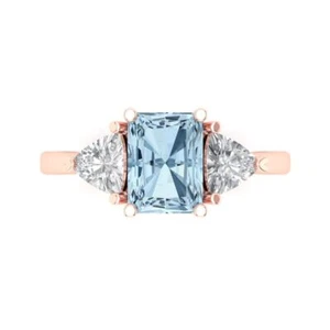 2.82Ct Emerald Cut Natural Sky Blue Topaz 3 Stone Engagement Ring, 14K Rose Gold - Picture 1 of 11