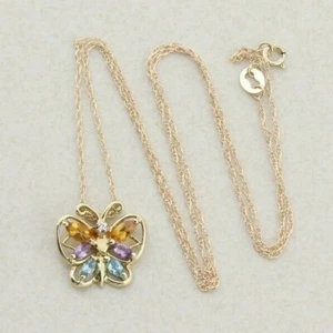10K Yellow Gold Natural Citrine, Amethyst, Topaz, Diamond Butterfly Necklace 18 - Picture 1 of 8