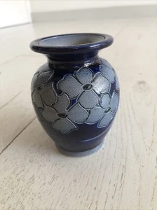 Schmitter French salt glaze stoneware Vase Four Inches Tall Dark Blue Floral - Picture 1 of 5