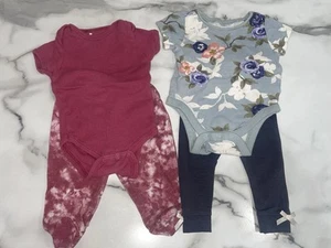 Infant Baby Girl 4 Piece (2 outfits) Lot of Tops & Pants Size 0-3 Months - Picture 1 of 3