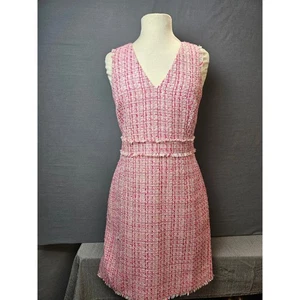 J. Crew Pink Dress Tweed V Neck Sleeveless Frayed Hem Sheath Size 6 - Picture 1 of 9