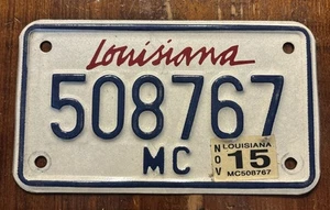 Placa de licencia de motocicleta Louisiana # 508767 con pegatina noviembre 2015 - Imagen 1 de 2