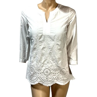 Blusa Talbots Mujer Talla XS Blanca Bordada Ojales Manga 3/4 Top Algodón Foto 1 de 4