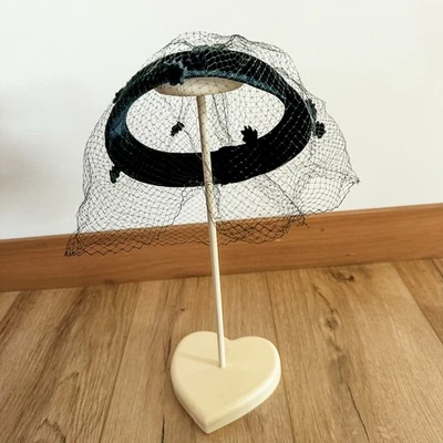 VTG Black Velvet Ring Halo Fascinator Hat Netting Veil Leaves Funeral Wedding - Image 1 of 4