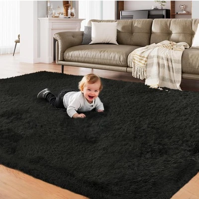 AMTOVO Shag Area Rugs for Living Room, 8X10 Black Large Fluffy Clearance Rug ... - Image 1 of 4