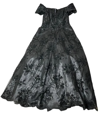 Vestido de Noche Hombro Descubierto Corte Princesa Talla (LEER) Negro Cuentas Floral Tul Cremallera Foto 1 de 4