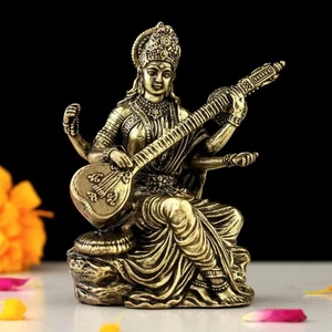 Statua Dea Saraswati in ottone artigianale per tempio di casa | 3" Maa Saraswati - Foto 1 di 6
