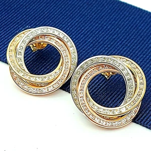 Ladies Tri-Tone Gold 9ct (375,9k) 140 Diamantes Rare Circle Trinity Studs - Picture 1 of 8