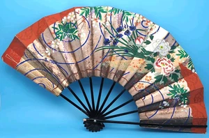 Vintage Hand Painted Japanese Folding Fan Wood & Paper Floral Shiny Silver 11" - Picture 1 of 16