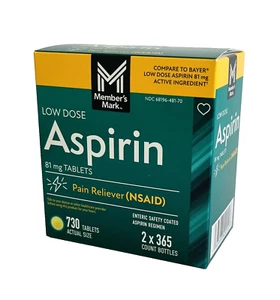 Member's Mark Low Dose Aspirin 81mg x2 365 Ct BOTTLES, 730 Tabs~Compare to Bayer - Picture 1 of 4
