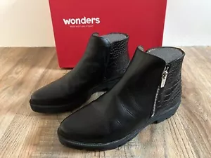 WONDERS Ladies Black Leather Ankle Boots Size 4 / 37 NEW A-3407 BNIB Chunky Sole - Picture 1 of 12