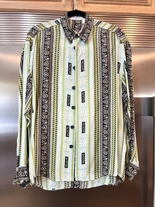 VTG YASHI YAMAMURI SHIRT MOD BOHO GREEN BLUE BLK WHITE NECK 15-15.5” MED ITALY - Picture 1 of 8