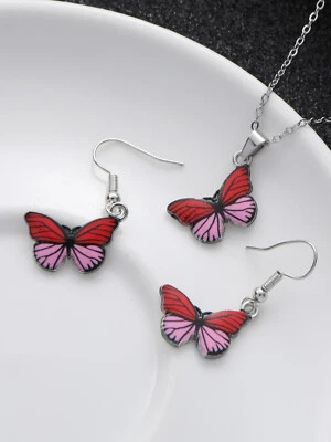 Parure donna set collana e orecchini farfalla colorata catenina colore argento - Immagine 1 di 4