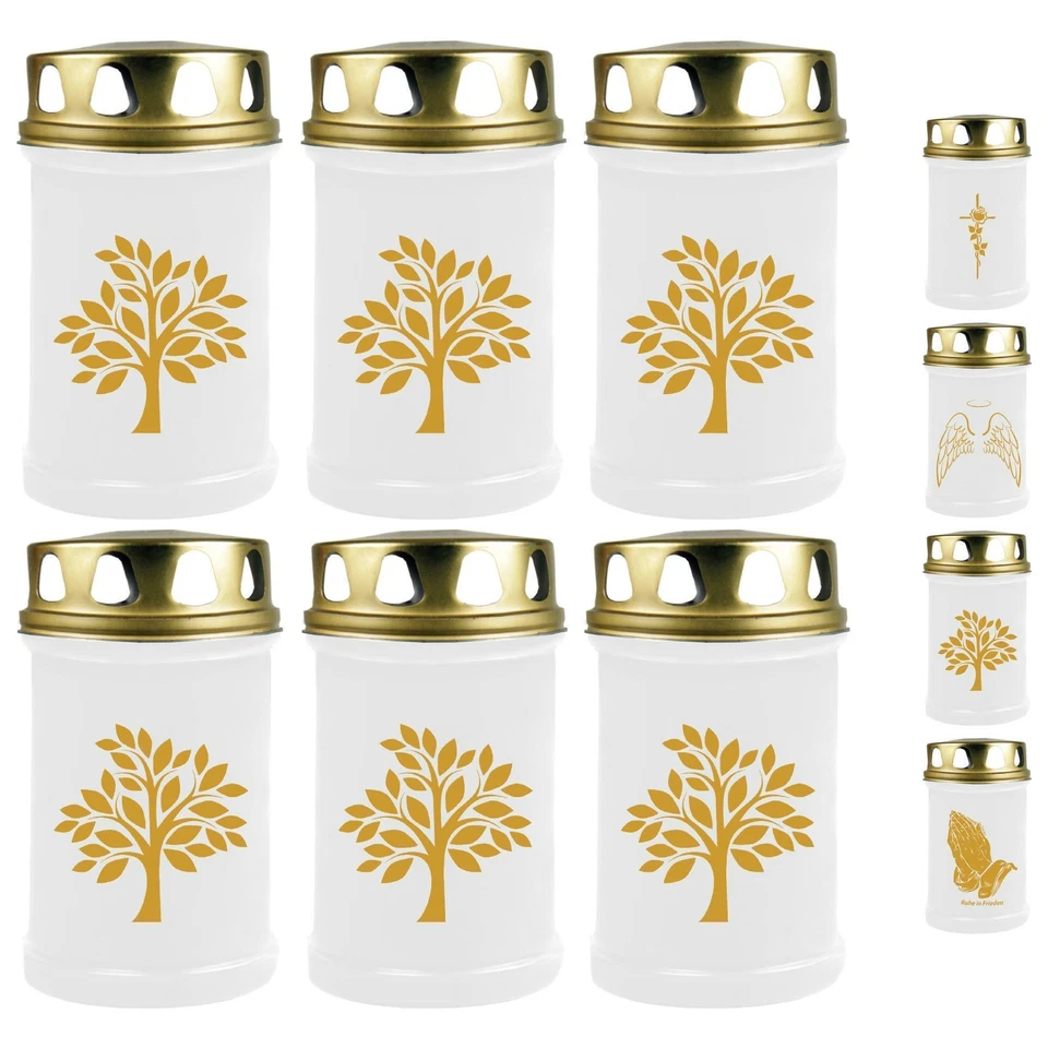 HSCANDLE Grabkerze 6er Pack Grablicht 48h Brenndauer Weiß Grablampe Klassik 1 Deckel Gold