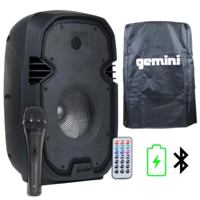GEMINI 8" Powered Active DJ Rave Party Battery Bluetooth Speaker w Cover & Microphone