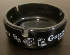 Vintage Golden Gate Casino Ashtray, Black Glass with White Painted Graphics - Imagen 1 de 7