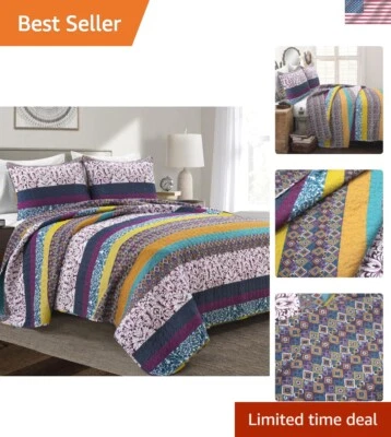 Boho Stripe Reversible Cotton Quilt 3-Piece Set, Full/ Queen, Plum & Yellow -... - Image 1 of 4