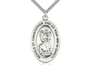 St Christopher Medal 1" Sterling Medal on a 24" Endless Rhodium Curb Chain, - Picture 1 of 4