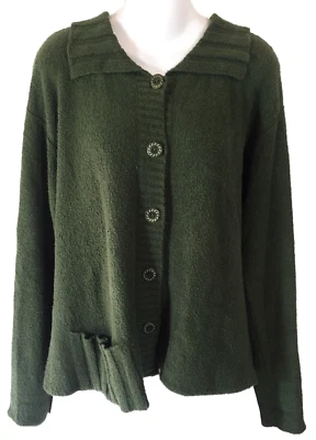 Cárdigan Suéter Pequeño Mediano Verde Algodón Cómodo Artístico Cuadrado con Botones FLAX Foto 1 de 4