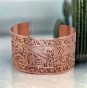 Solid Copper Adjustable Cuff Bracelet with Embossed Mexican Motif Antique Finish - Picture 1 of 6