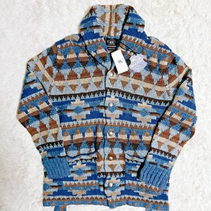 RRL Ralph Lauren Cardigan HAND KNIT Indigo Linen Wool Ranch Belt Mens Size L NEW - Picture 1 of 18