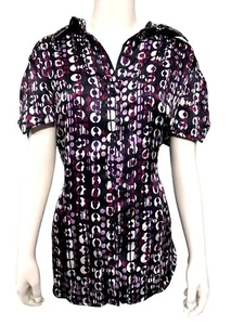 AGB Short Sleeve Button Up Shirt Size Large Geometric Print Black Purple White - Picture 1 of 10