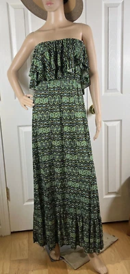 Maxi Vestido Mujer Talla S Negro Verde Geométrico Jersey Sin Tirantes Volantes Top Foto 1 de 4
