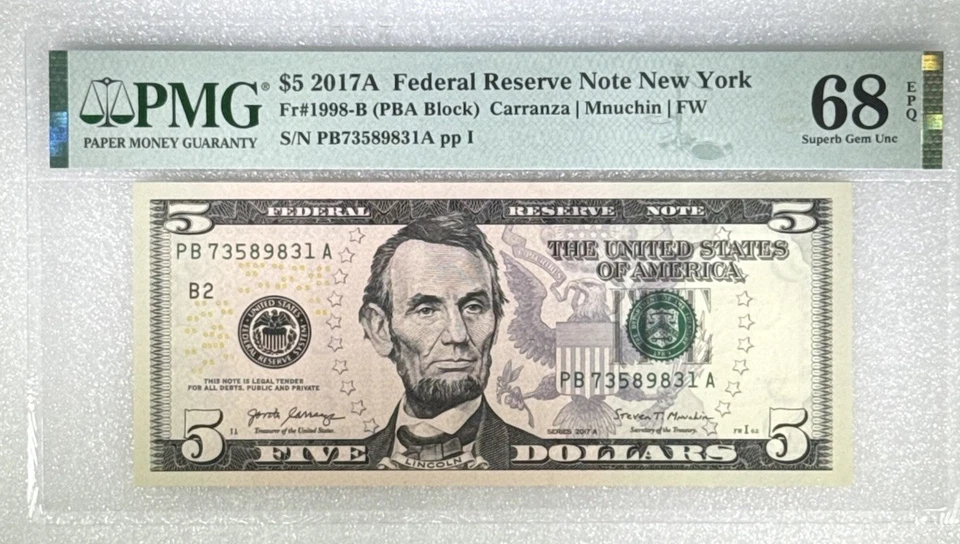 2017A Federal Reserve Note New York 5 Dollars Fr#1998-B PMG 68 EPQ Top Pop 18 - Image 1 of 3