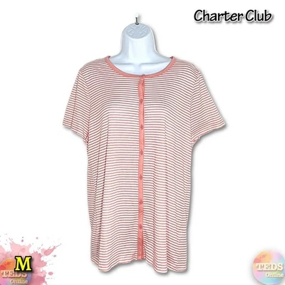 Nuevo sin etiquetas Pijama Charter Club Mujer M Algodón Cuello Redondo Abotonado Top Solo Rayas Foto 1 de 4