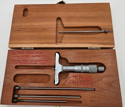 SCHERR TUMICO 0"-4" Depth Micrometer Set in Wooden Case Extra 1" Rod USA Made - Image 1 of 4