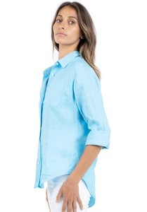 Charter Club Luxury Linen Aqua Blue  Blouse Long Sleeve Roll Up SZ M NEW - Picture 1 of 9