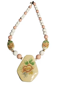 Vintage Japan Porzellan Perlenkette - handbemalt floral, 18" Statement - Bild 1 von 8